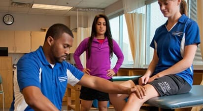 Physical therapy doctor examining the knee of a young woman.