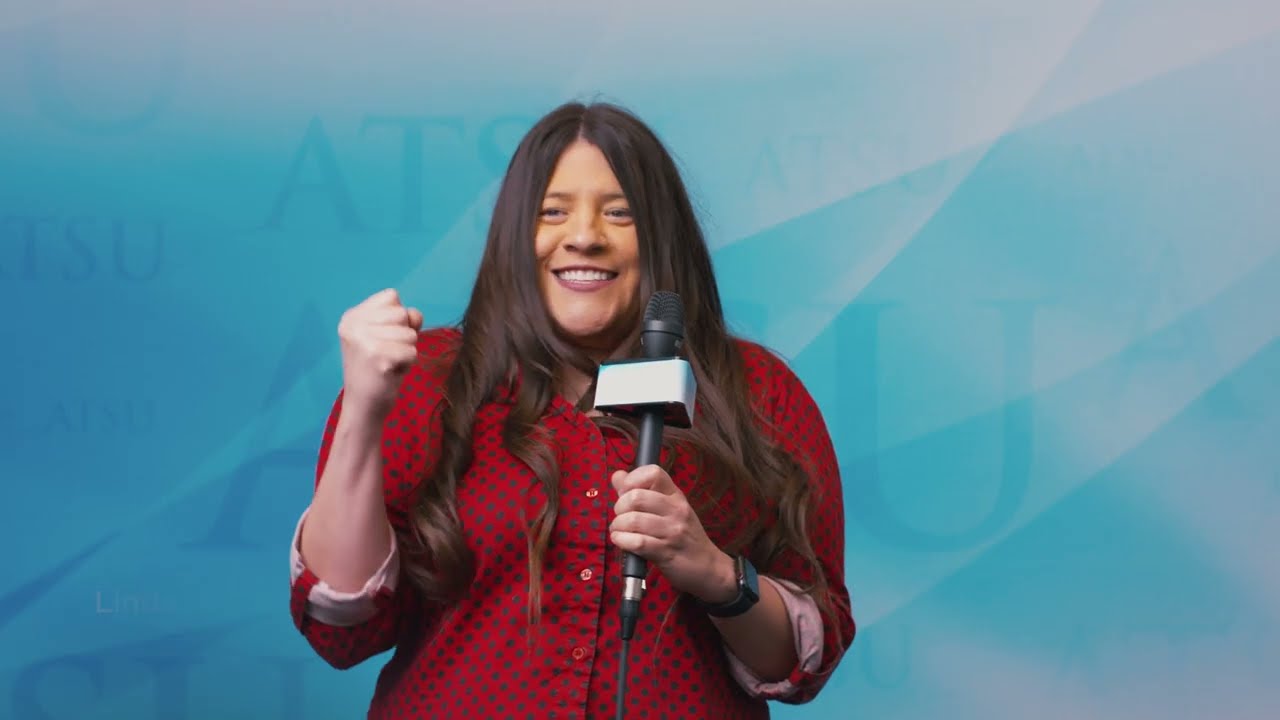 Student excited with microphone